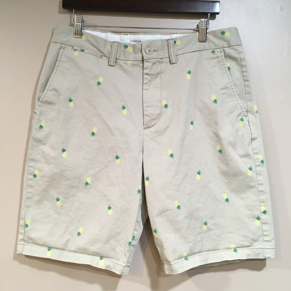 Old Navy Ultimate Slim Pineapple Chino Shorts Mens 34 Khaki Tan Tropical Preppy